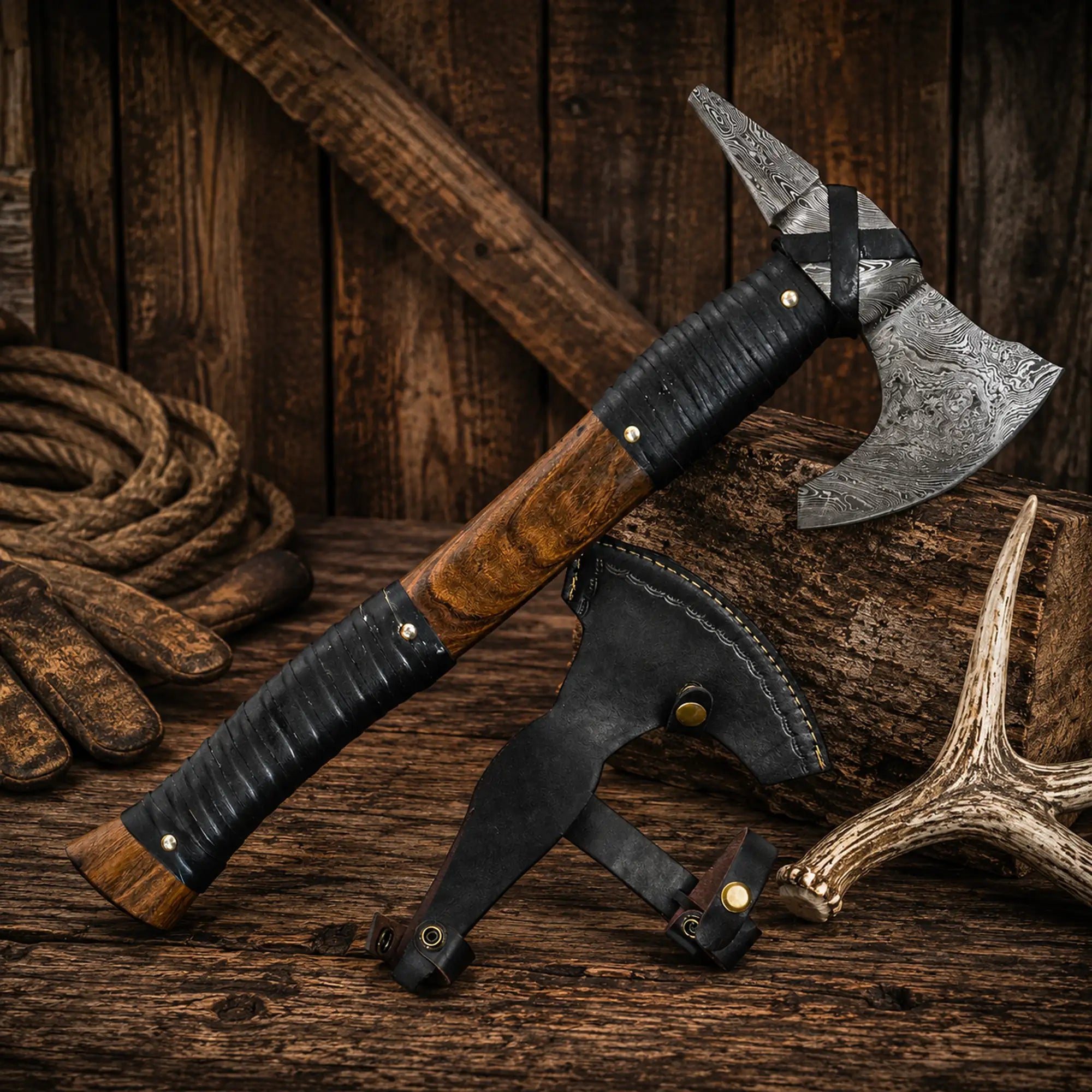 SHAM KNIVES hatchet 19" Handmade Damascus Steel Viking Bearded Axe with Spike & Sheath