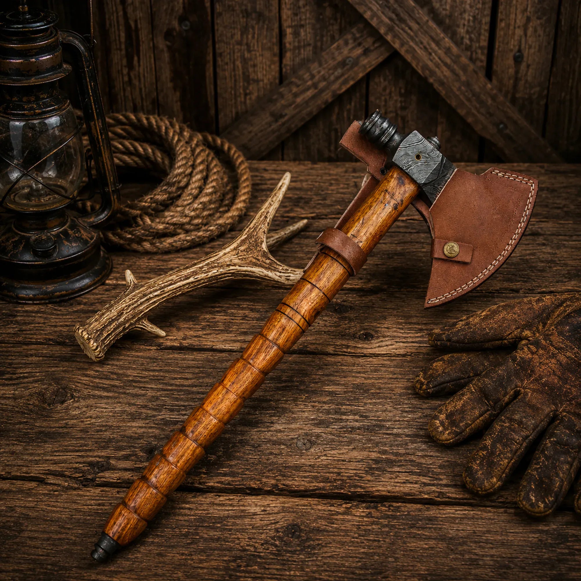 SHAM KNIVES hatchet Handmade Damascus Steel Pipe Tomahawk Axe with Wood Handle & Sheath