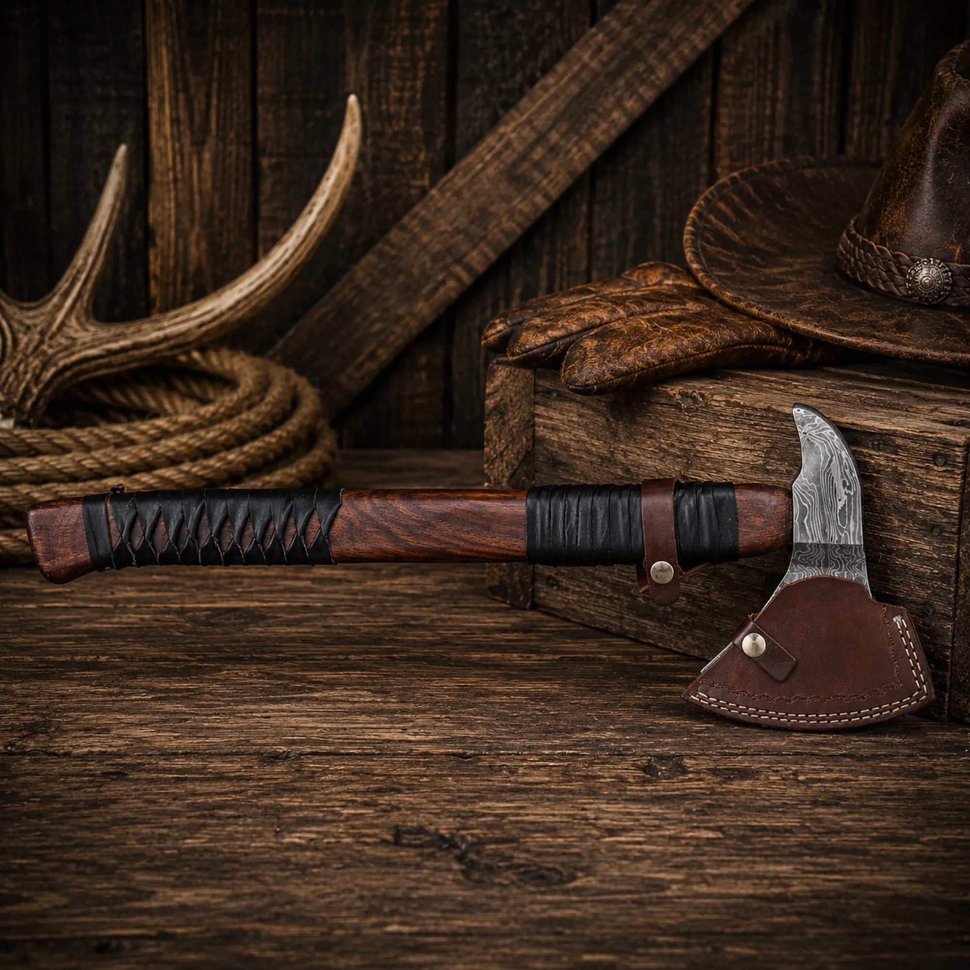 SHAM KNIVES hatchet Viking Bearded Axe – 23" Handmade Damascus Steel Axe with Leather Sheath