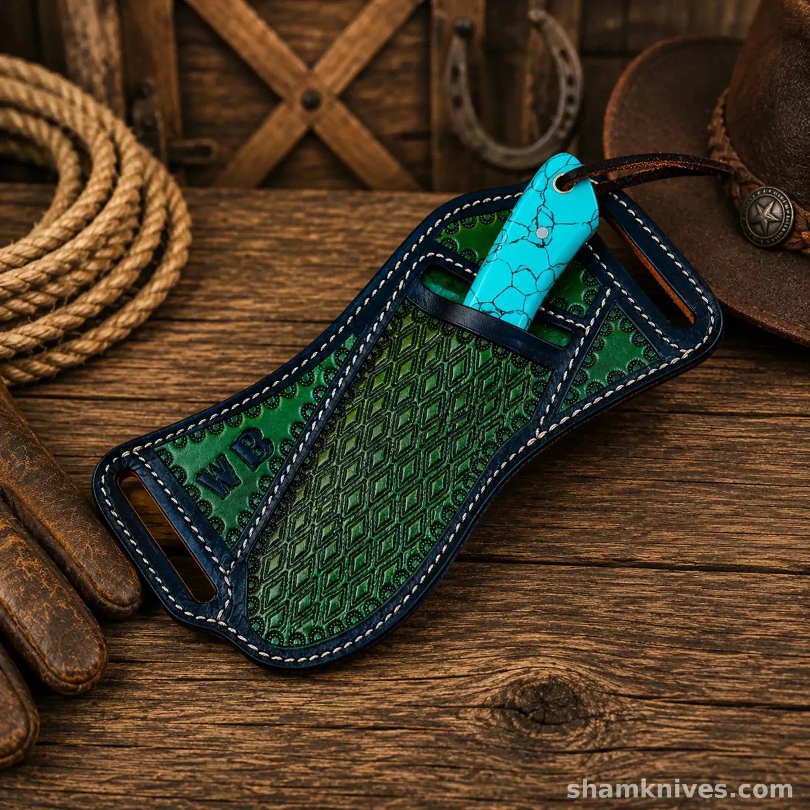 SHAM KNIVES Hunting Knifes Blue Outlaw Cowboy Hunting Knife – Damascus Steel Turquoise Handle