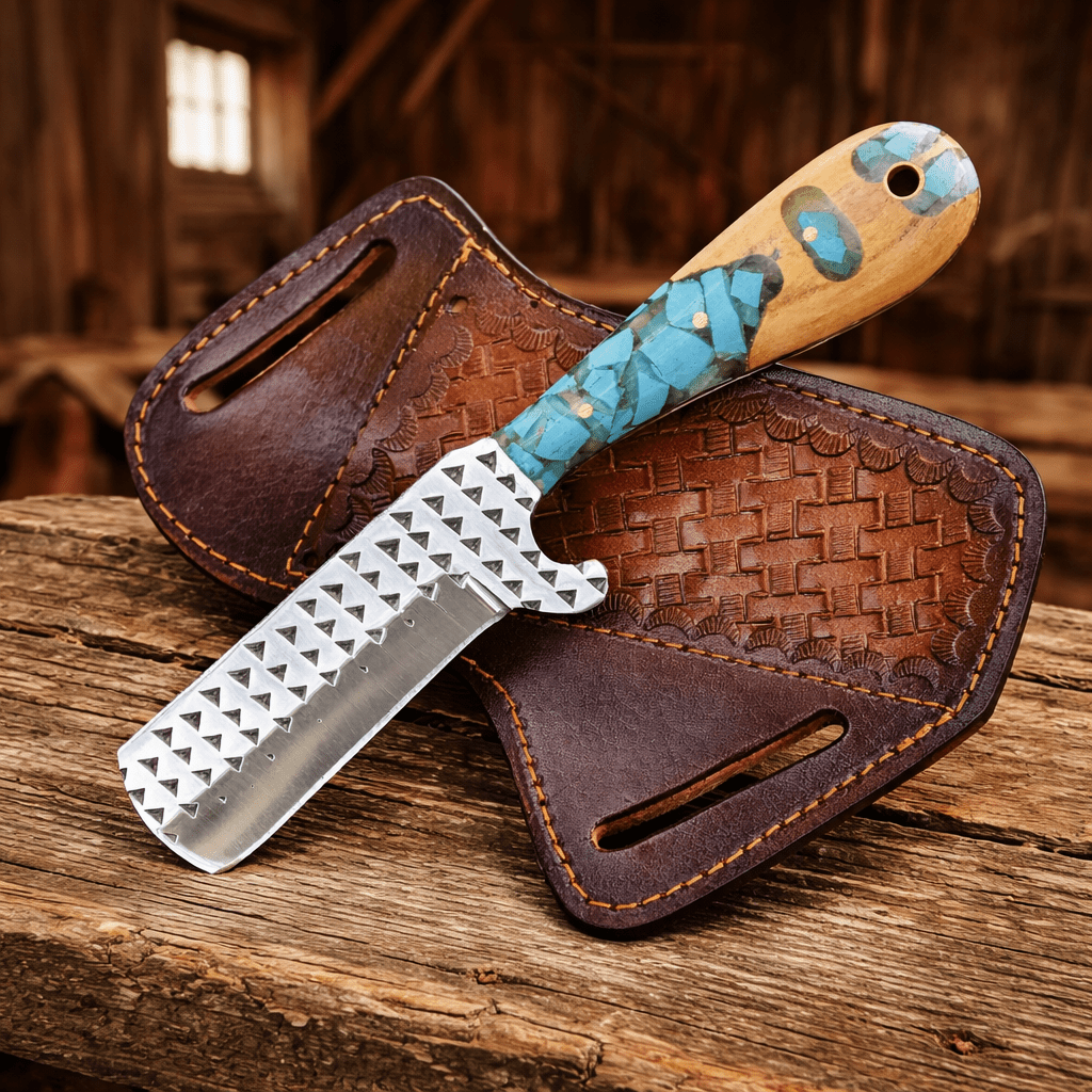 SHAM KNIVES Hunting Knifes Handmade Cowboy Bull Cutter Knife – Rasp File Steel Blade with Turquoise & Wood Handle