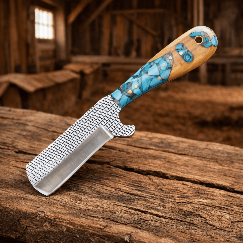 SHAM KNIVES Hunting Knifes Handmade Cowboy Bull Cutter Knife – Rasp File Steel Blade with Turquoise & Wood Handle