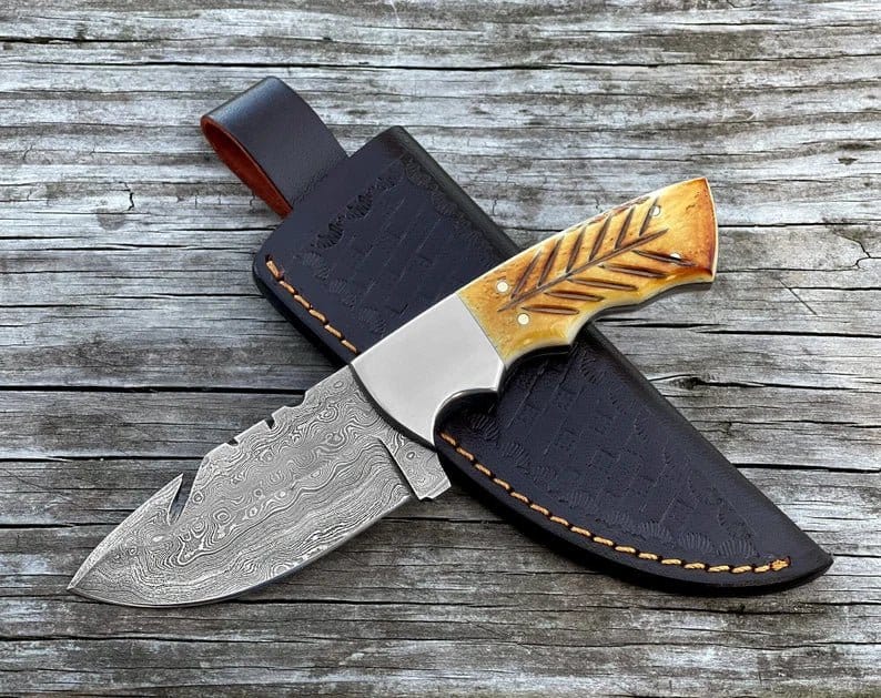 SHAM KNIVES Hunting Knifes Handmade Hunting Knife, Damascus Steel Fixed Blade Knife Carved Burnt Camel Bone Handle