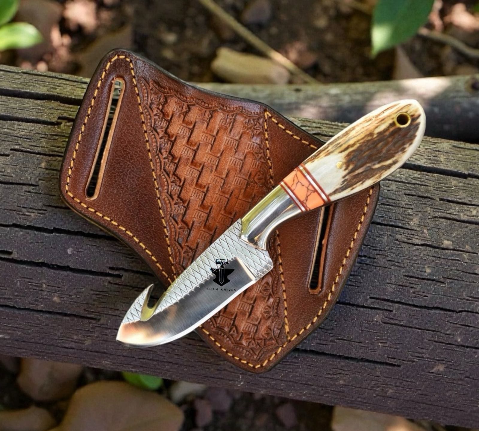 SHAM KNIVES Hunting Knifes Handmade Rasp Steel Cowboy Hook Knife | Deer Antler Handle,Belt Leather Sheath