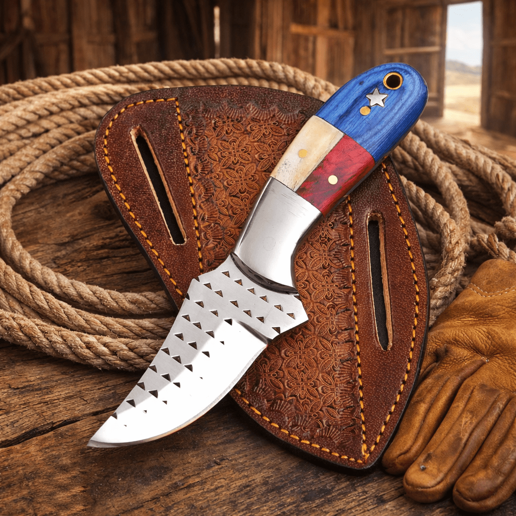 SHAM KNIVES Hunting Knifes Handmade Rasp Steel Cowboy Knife – Texas Flag Handle, Pancake Leather Sheath