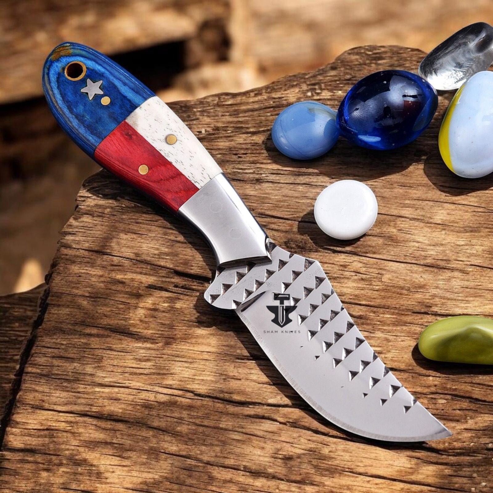 SHAM KNIVES Hunting Knifes Handmade Rasp Tool Steel Cowboy Knife Texas Flag Handle With Cross Draw Sheath