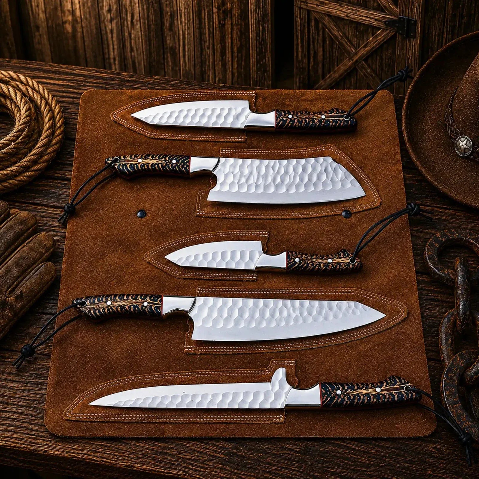 SHAM KNIVES kitchen knifes Cone Back Handles D2 Steel Chef Knife Set with Leather Roll Kit