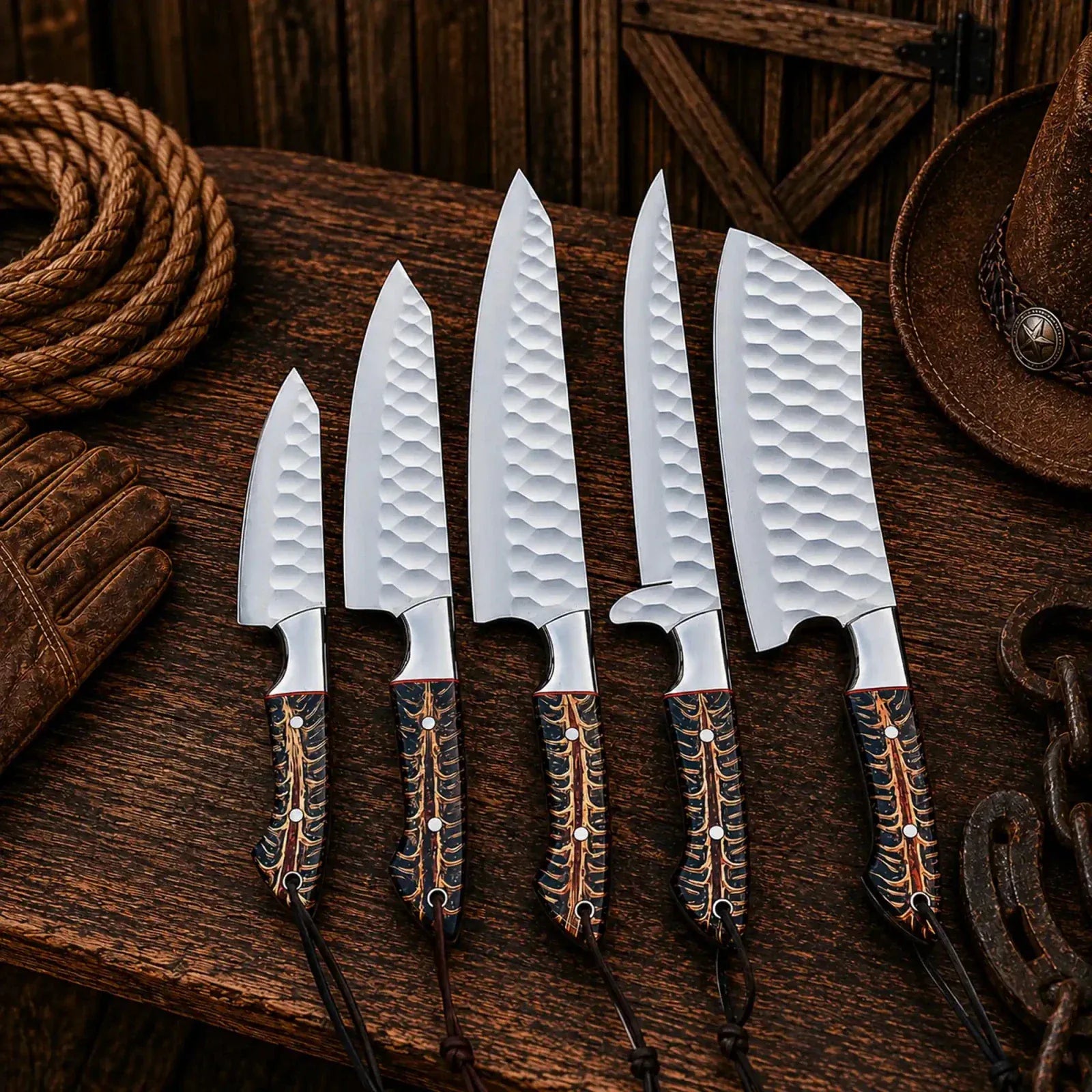 SHAM KNIVES kitchen knifes Cone Back Handles D2 Steel Chef Knife Set with Leather Roll Kit