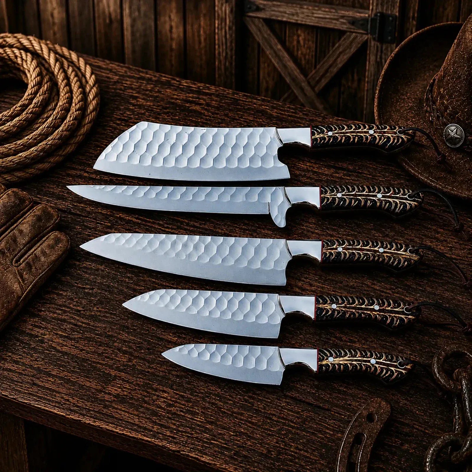 SHAM KNIVES kitchen knifes Cone Back Handles D2 Steel Chef Knife Set with Leather Roll Kit