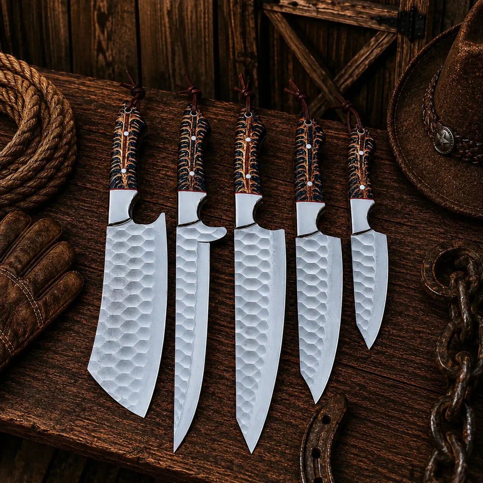 SHAM KNIVES kitchen knifes Cone Back Handles D2 Steel Chef Knife Set with Leather Roll Kit