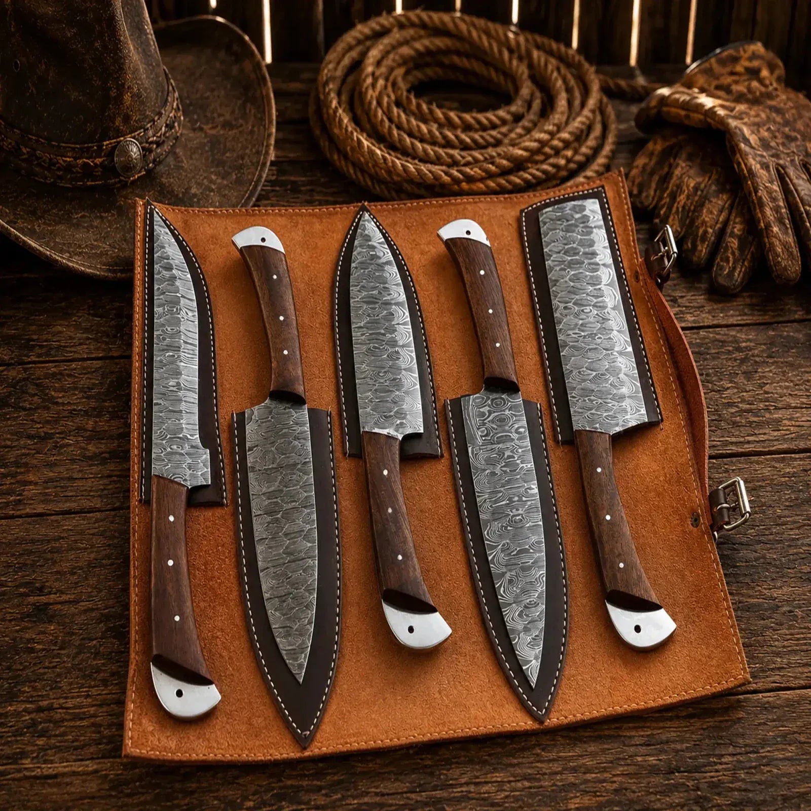 SHAM KNIVES kitchen knifes Damascus Chef Knife Set – 5 Piece Rosewood Handle Collection