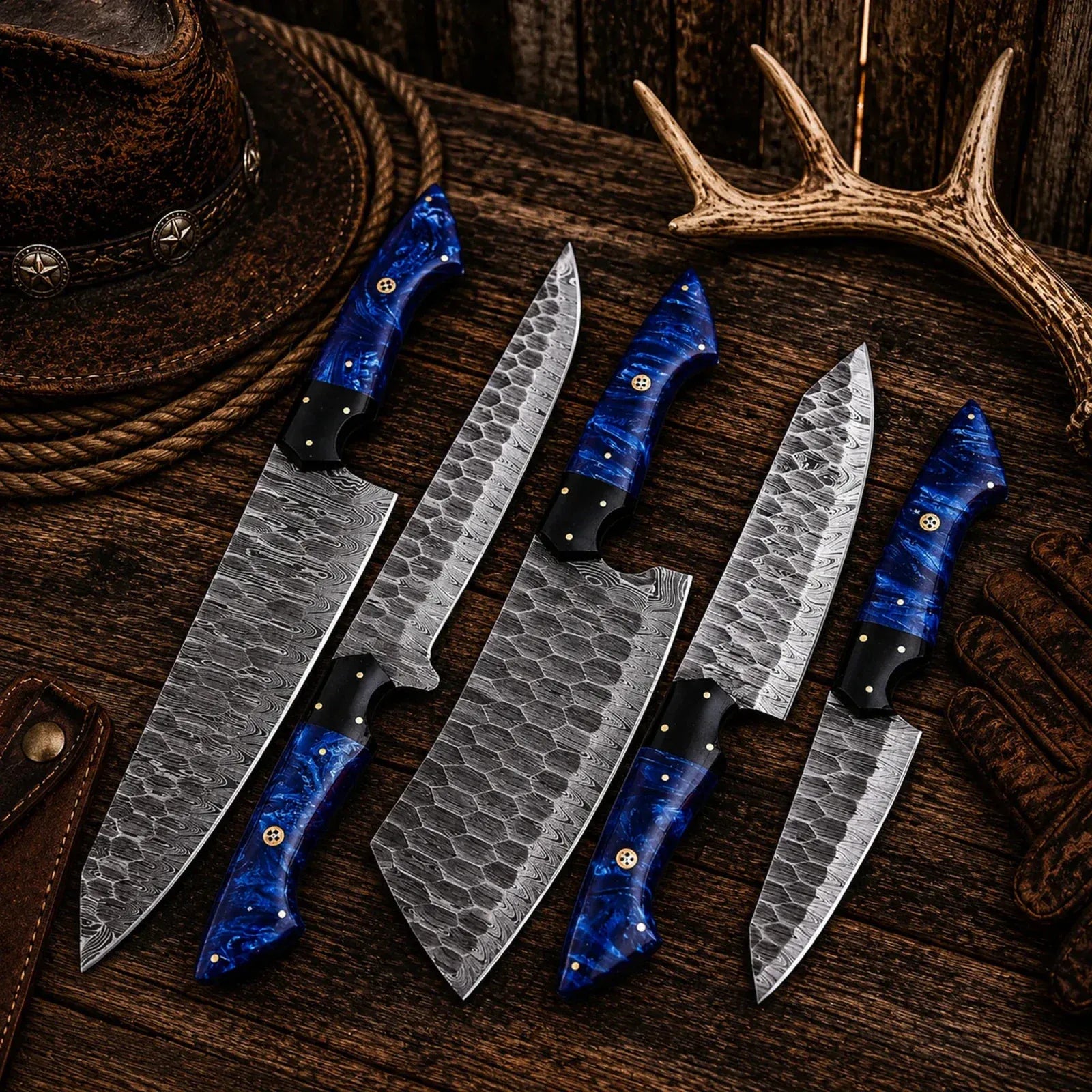 SHAM KNIVES kitchen knifes Handmade Forged Damascus Steel Chef Knife Set – Blue Epoxy Resin Handles