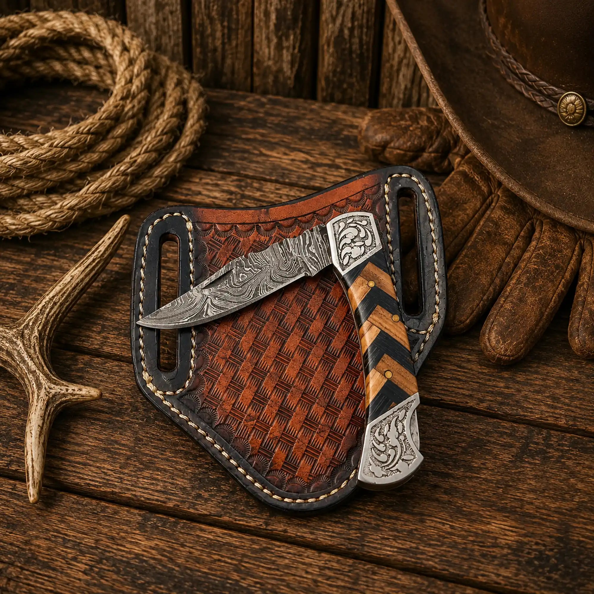 SHAM KNIVES Pocket Knife Cowboy Field Pocket Knife – 3" Handmade Damascus Steel Blade with Compact Wood Handle