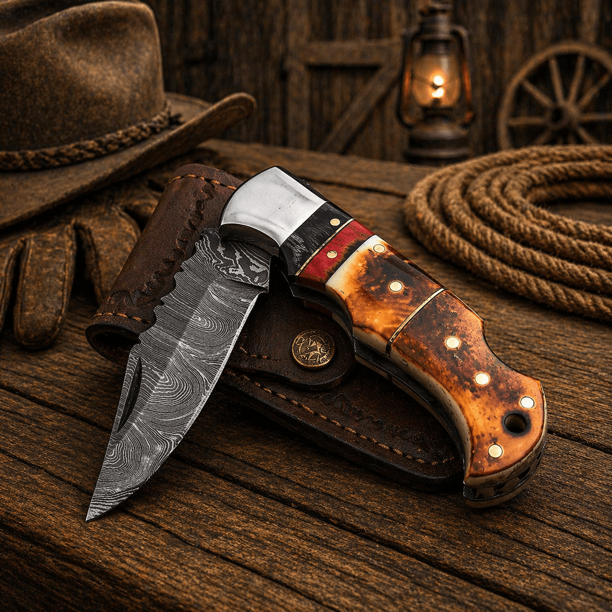 SHAM KNIVES Pocket Knife Handmade Damascus Pocket Knife – Burnt Camel Bone Handle Folding Knife with Leather Sheath | Custom EDC Hunting Knife Gift for Men