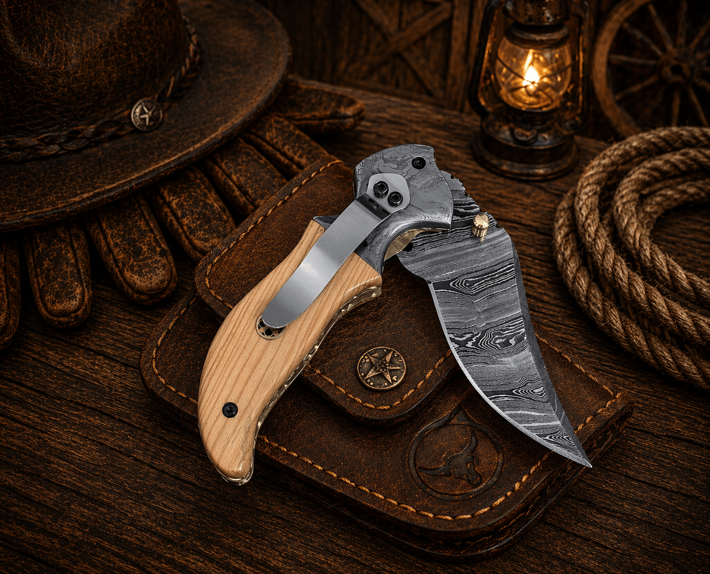 SHAM KNIVES Pocket Knife Handmade Damascus Steel Pocket Knife – Olive Wood Handle Folding Knife with Belt Clip | EDC Hunting Camping Knife Gift for Men