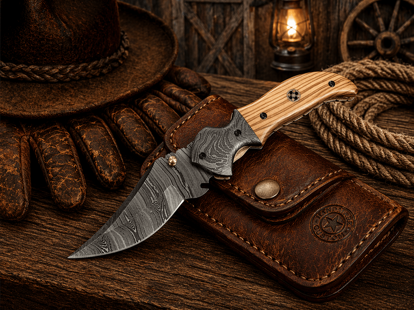 SHAM KNIVES Pocket Knife Handmade Damascus Steel Pocket Knife – Olive Wood Handle Folding Knife with Belt Clip | EDC Hunting Camping Knife Gift for Men
