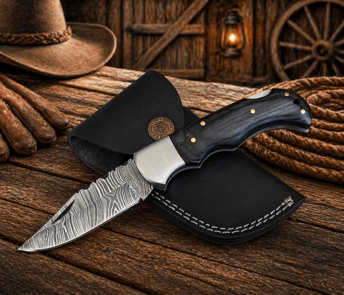 SHAM KNIVES Pocket Knife Handmade Damascus Steel Pocket Knife – Pakka Wood Handle Folding Knife with Leather Sheath | EDC Hunting Camping Gift for Men