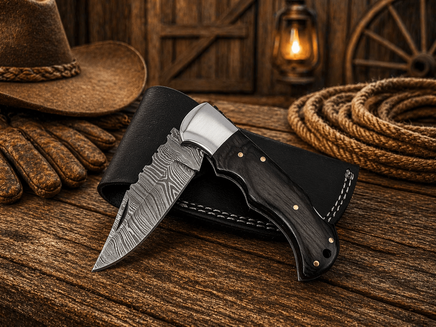 SHAM KNIVES Pocket Knife Handmade Damascus Steel Pocket Knife – Pakka Wood Handle Folding Knife with Leather Sheath | EDC Hunting Camping Gift for Men