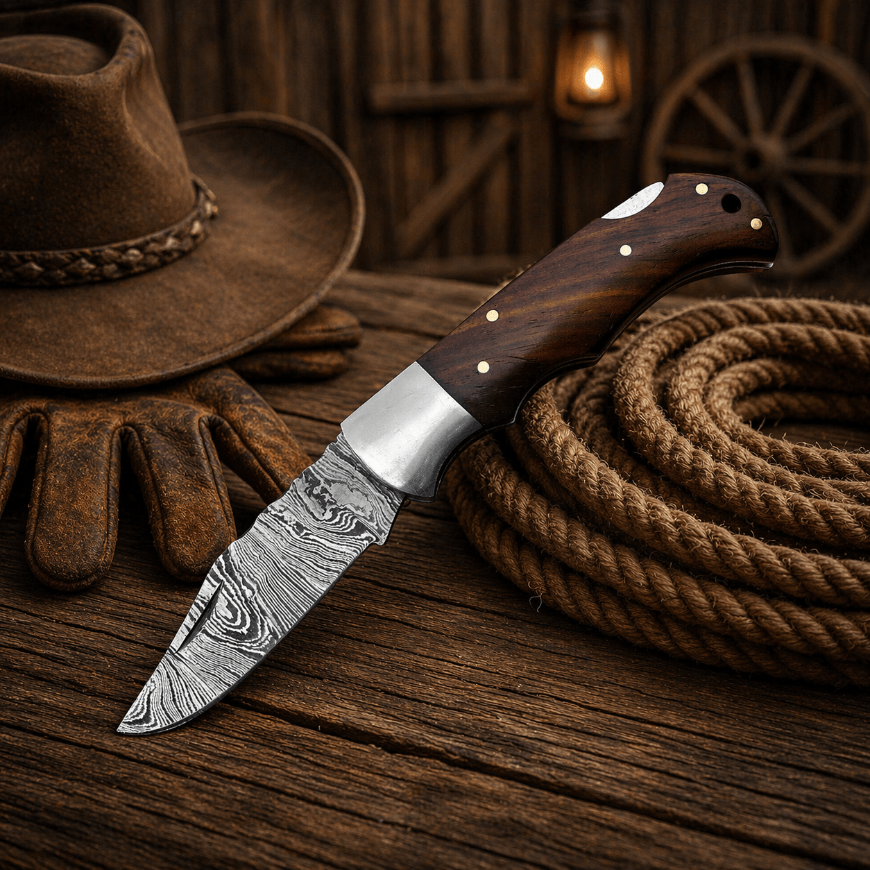 SHAM KNIVES Pocket Knife Handmade Damascus Steel Pocket Knife – Rosewood Handle Folding Knife with Leather Sheath | EDC Hunting Camping Gift for Men
