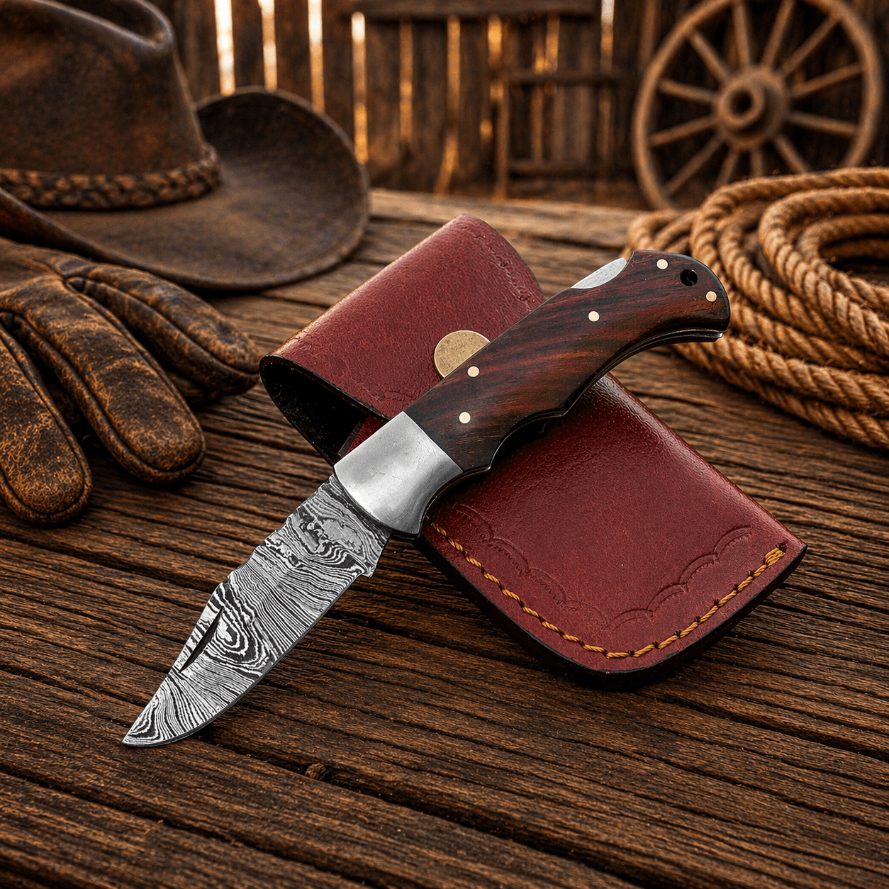 SHAM KNIVES Pocket Knife Handmade Damascus Steel Pocket Knife – Rosewood Handle Folding Knife with Leather Sheath | EDC Hunting Camping Gift for Men
