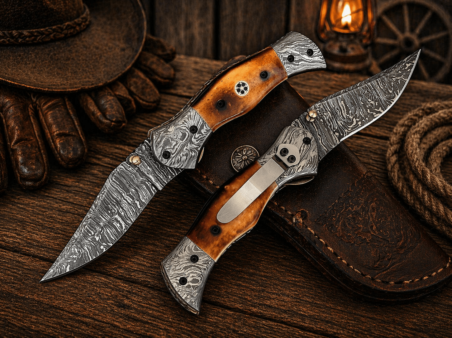 SHAM KNIVES Pocket Knife Personalized Damascus Steel Pocket Knife – 7.5” Folding Knife with Burnt Camel Bone Handle & Belt Clip