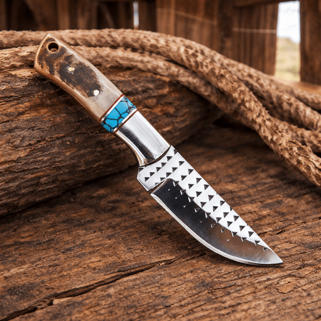 SHAM KNIVES Skinning Knife Handmade Rasp Steel Cowboy Skinning Knife – Ram Horn & Turquoise Handle with Leather Belt Sheath