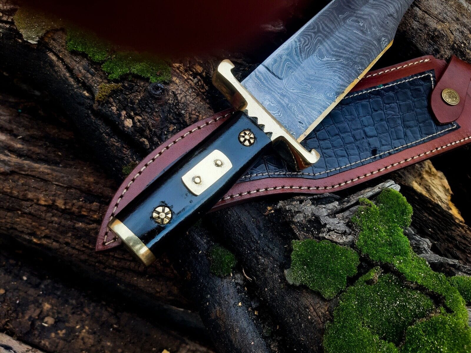 Texan Knives Bowie Knives 13-Inch Damascus Steel Cowboy Bowie Knife with Buffalo Horn Handle & Leather Sheath – Perfect Gift for Knife Enthusiasts