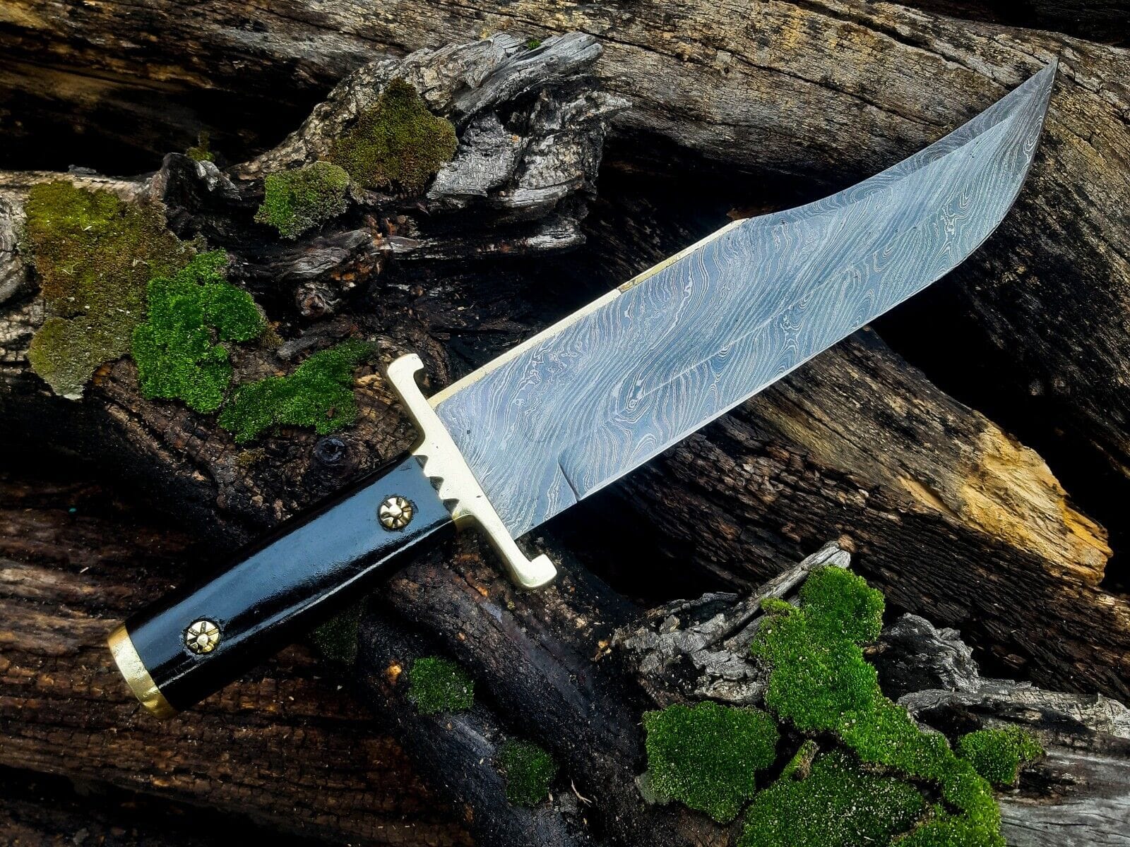 Texan Knives Bowie Knives 13-Inch Damascus Steel Cowboy Bowie Knife with Buffalo Horn Handle & Leather Sheath – Perfect Gift for Knife Enthusiasts