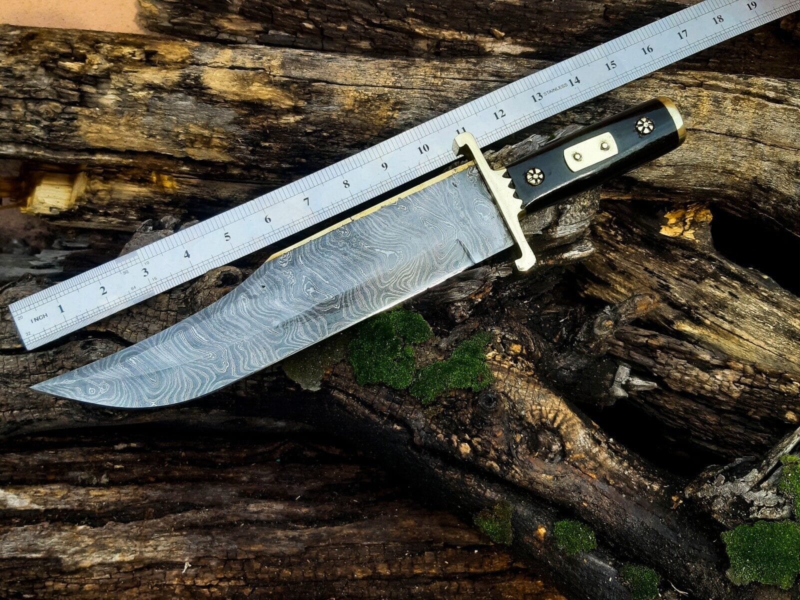 Texan Knives Bowie Knives 13-Inch Damascus Steel Cowboy Bowie Knife with Buffalo Horn Handle & Leather Sheath – Perfect Gift for Knife Enthusiasts