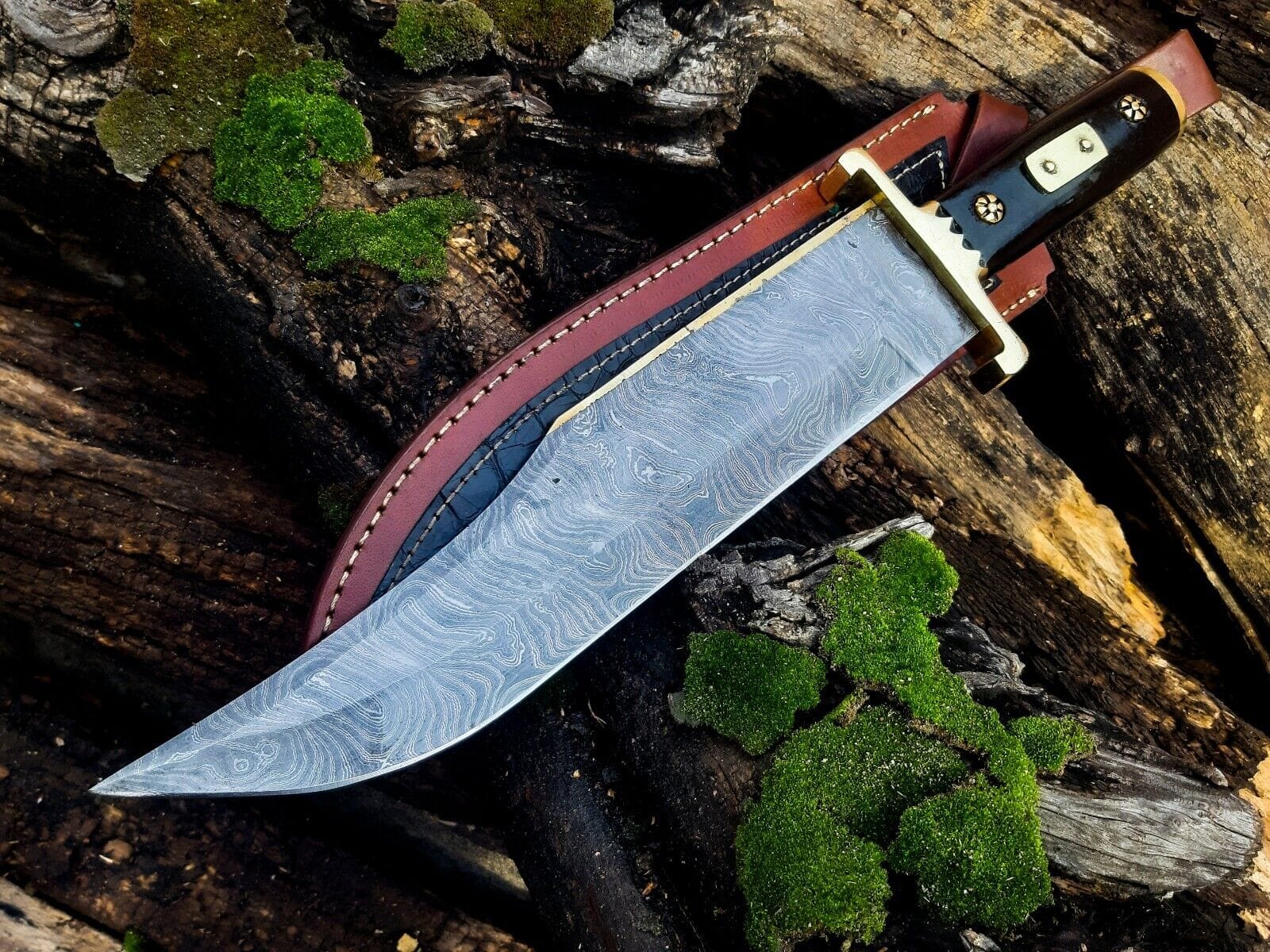Texan Knives Bowie Knives 13-Inch Damascus Steel Cowboy Bowie Knife with Buffalo Horn Handle & Leather Sheath – Perfect Gift for Knife Enthusiasts