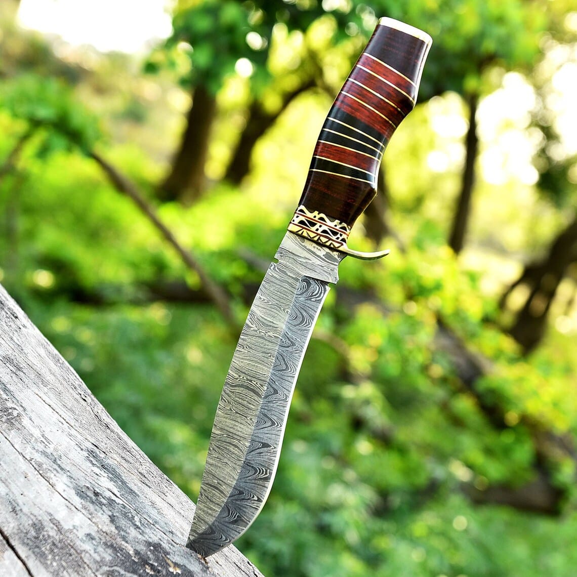 Texan Knives Bowie Knives Antique 13" Damascus Steel Bowie Knife – Brass Guard and Pakkawood Handle with Leather Sheath