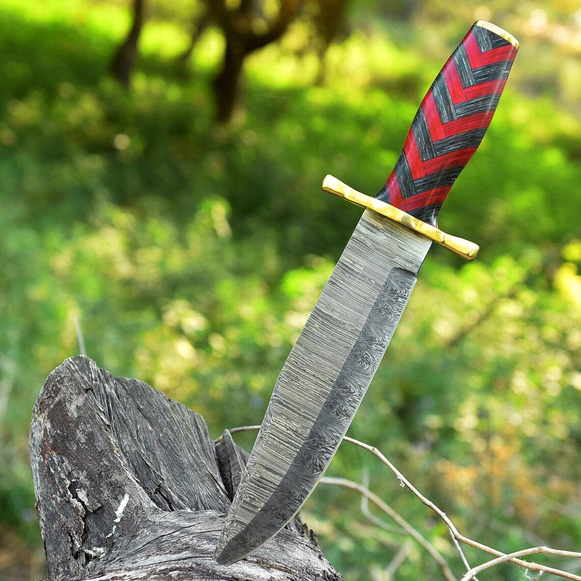 Texan Knives Bowie Knives Antique Damascus Steel Bowie Knife – 11" with Brass Guard and Pakka Wood Handle