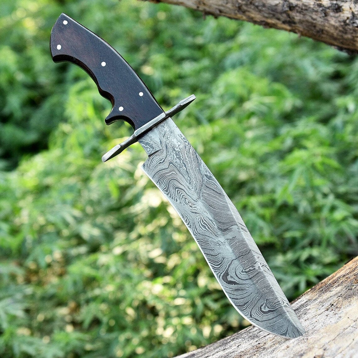 Texan Knives Bowie Knives Custom Handmade 13" American-Made Damascus Steel Bowie Knife with Rosewood Handle and Leather Sheath
