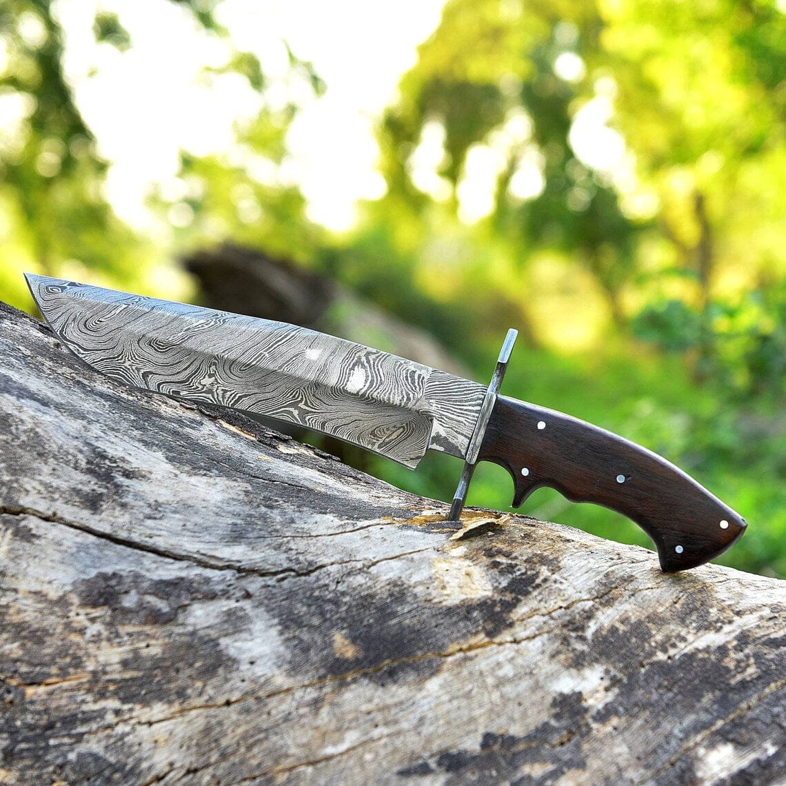 Texan Knives Bowie Knives Custom Handmade 13" American-Made Damascus Steel Bowie Knife with Rosewood Handle and Leather Sheath