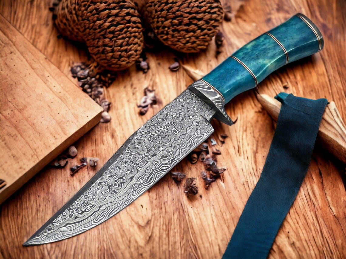 Texan Knives Bowie Knives Custom Handmade 13" Damascus Steel Confederate Civil War Bowie Knife with Camel Bone Handle and Leather Sheath