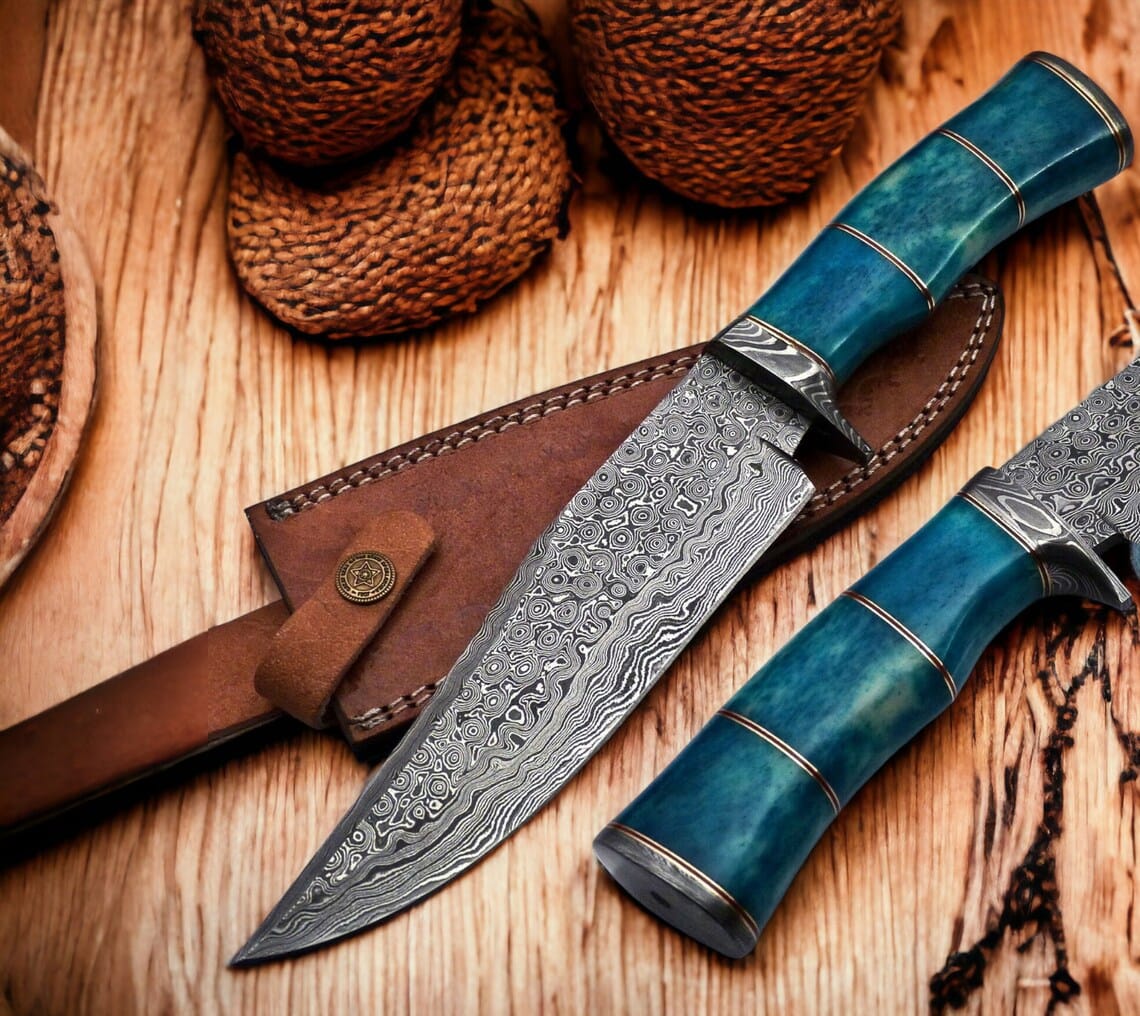 Texan Knives Bowie Knives Custom Handmade 13" Damascus Steel Confederate Civil War Bowie Knife with Camel Bone Handle and Leather Sheath
