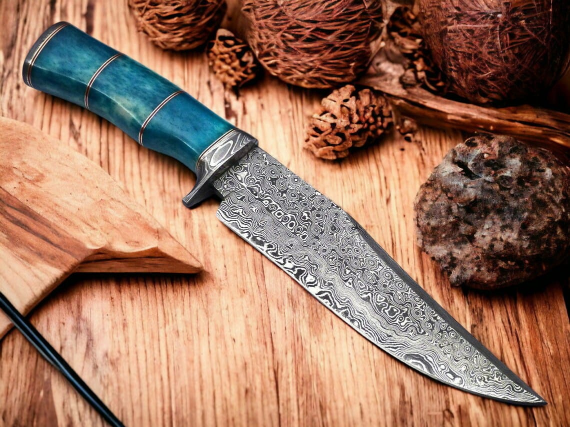 Texan Knives Bowie Knives Custom Handmade 13" Damascus Steel Confederate Civil War Bowie Knife with Camel Bone Handle and Leather Sheath