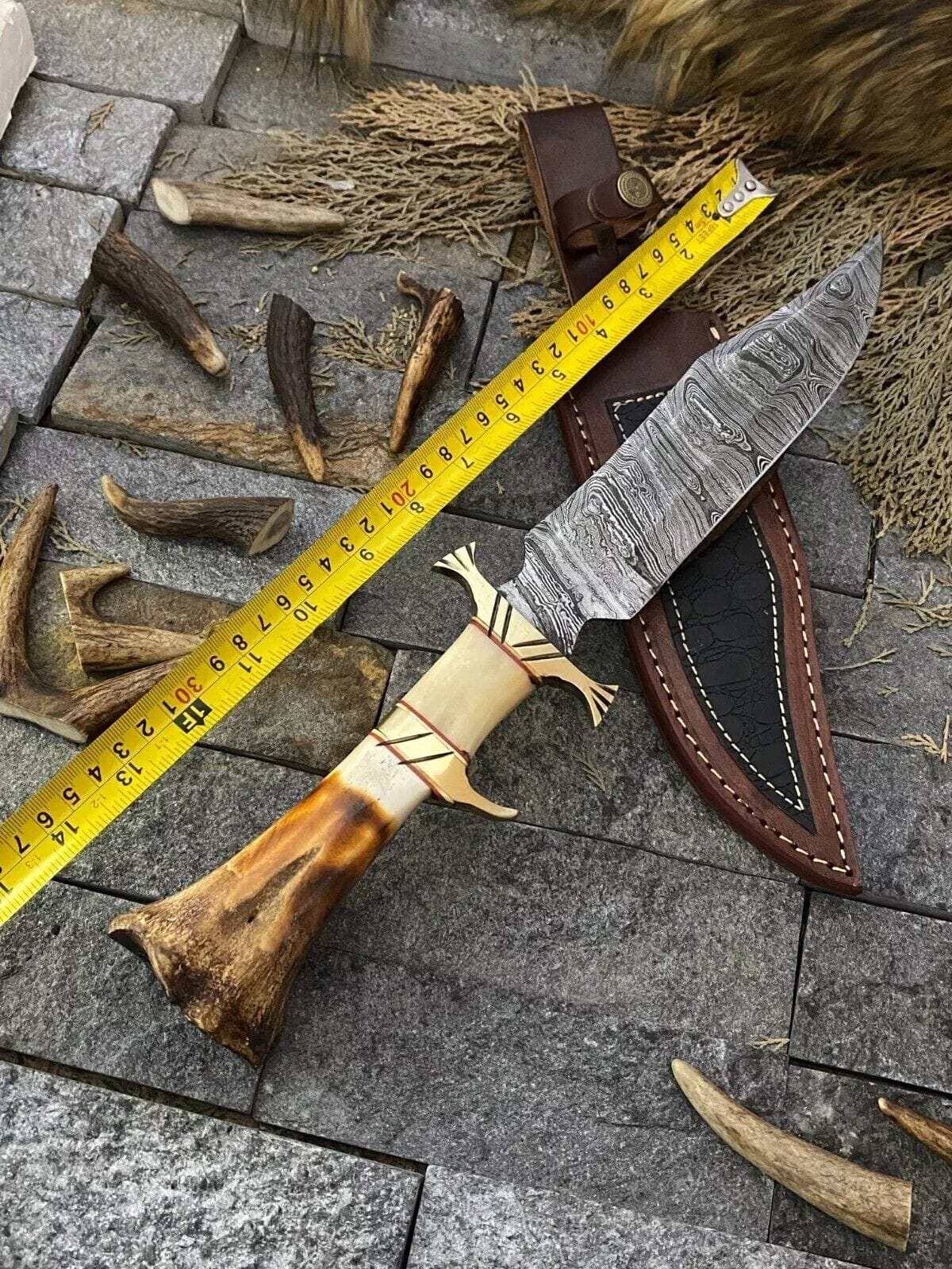 Texan Knives Bowie Knives Custom Handmade Damascus Steel Bowie Knife – 13-Inch Blade with Bone and Brass Guard Handle, Includes Leather Sheath