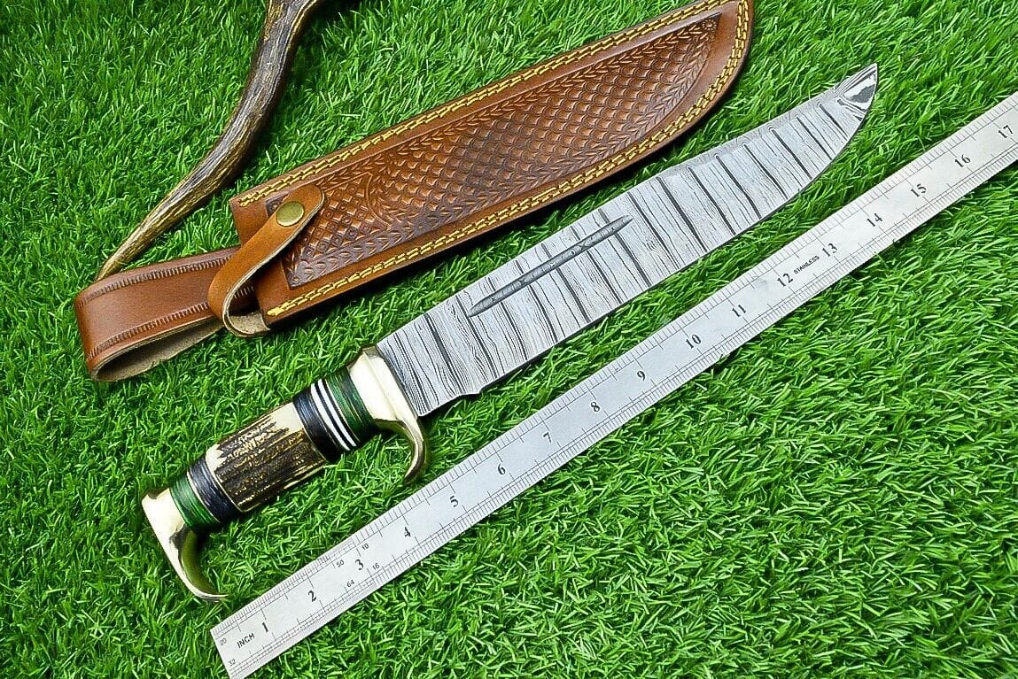 Texan Knives Bowie Knives Custom Handmade Damascus Steel Bowie Knife with Stag Horn Handle – 16" Blade with Leather Sheath