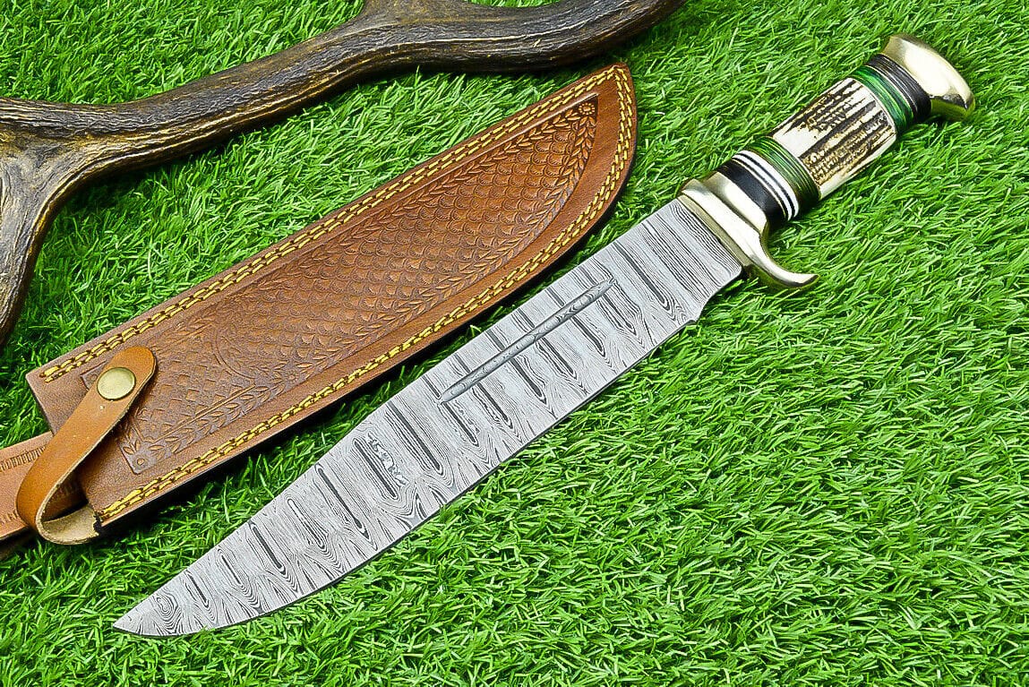 Texan Knives Bowie Knives Custom Handmade Damascus Steel Bowie Knife with Stag Horn Handle – 16" Blade with Leather Sheath