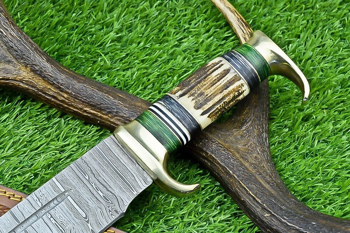 Texan Knives Bowie Knives Custom Handmade Damascus Steel Bowie Knife with Stag Horn Handle – 16" Blade with Leather Sheath