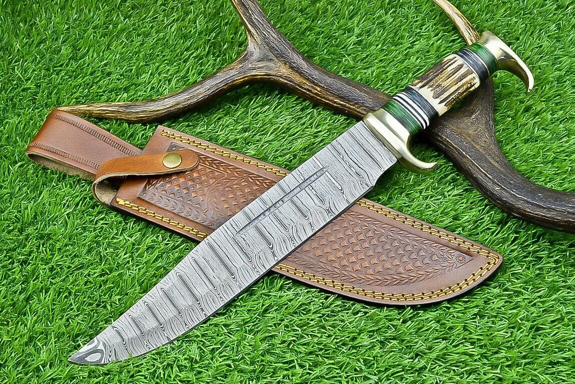 Texan Knives Bowie Knives Custom Handmade Damascus Steel Bowie Knife with Stag Horn Handle – 16" Blade with Leather Sheath