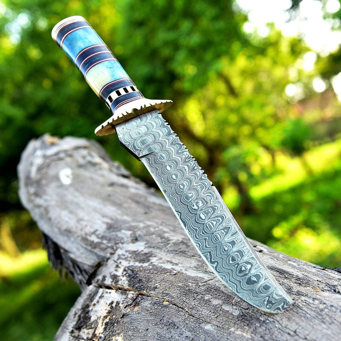 Texan Knives Bowie Knives Damascus Steel Antique Bowie Knife for Sale – 13" with Brass Guard, Color Bone & Pakkawood Handle, Includes Leather Sheath