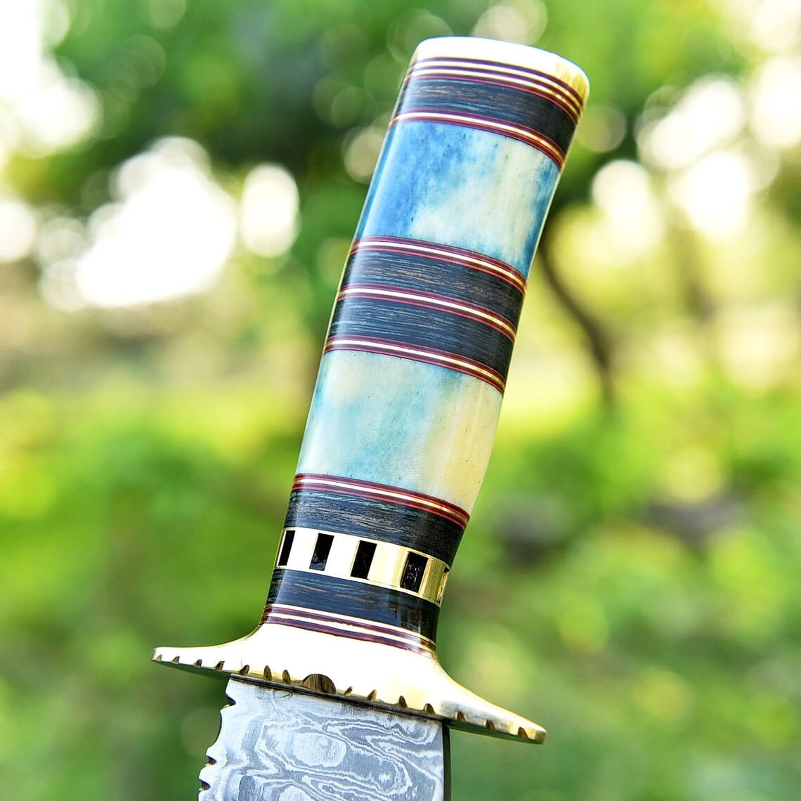 Texan Knives Bowie Knives Damascus Steel Antique Bowie Knife for Sale – 13" with Brass Guard, Color Bone & Pakkawood Handle, Includes Leather Sheath