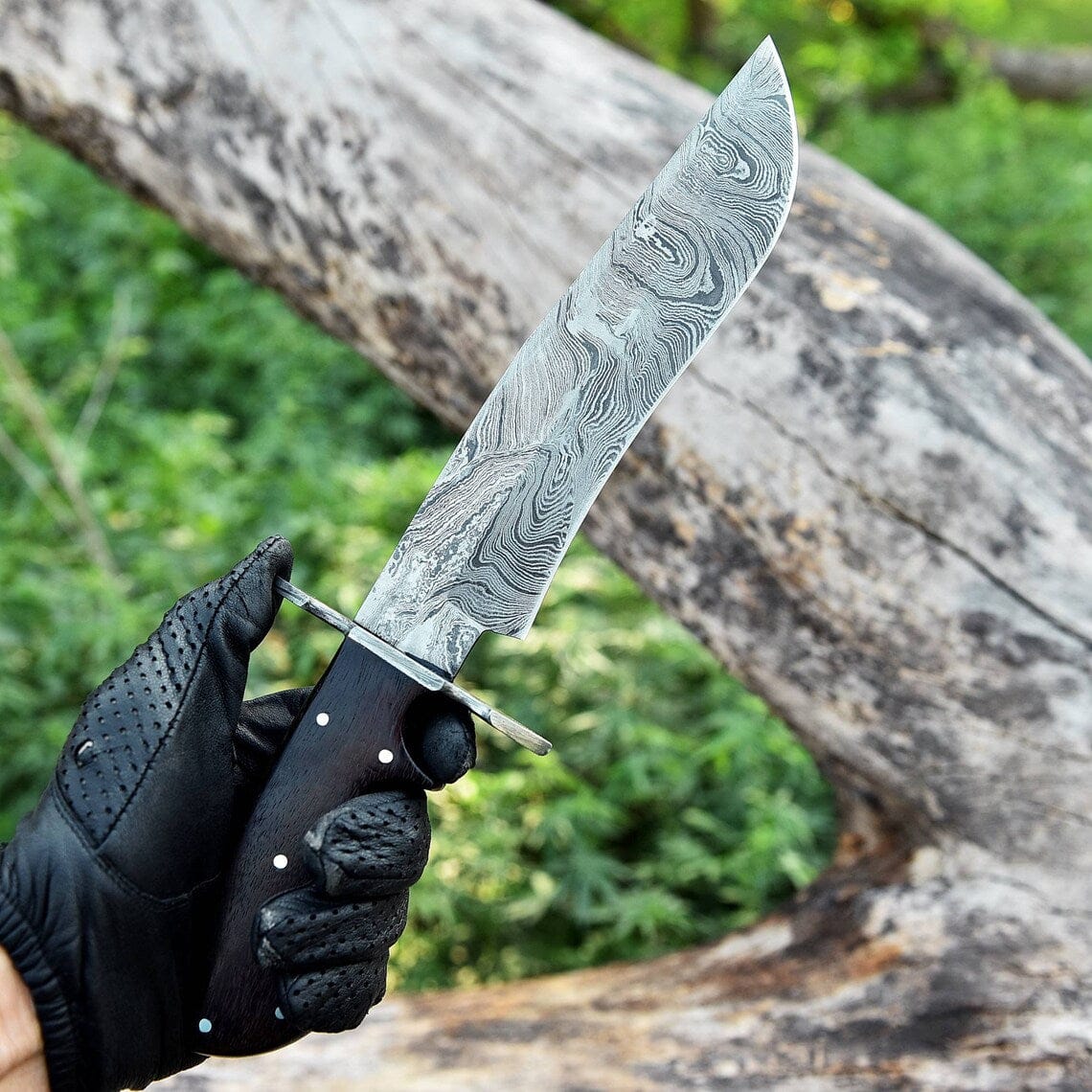 Texan Knives Bowie Knives Damascus Steel Antique Bowie Knife for Sale – 13" with Damascus Steel Guard and Rosewood Handle, Includes Leather Sheath