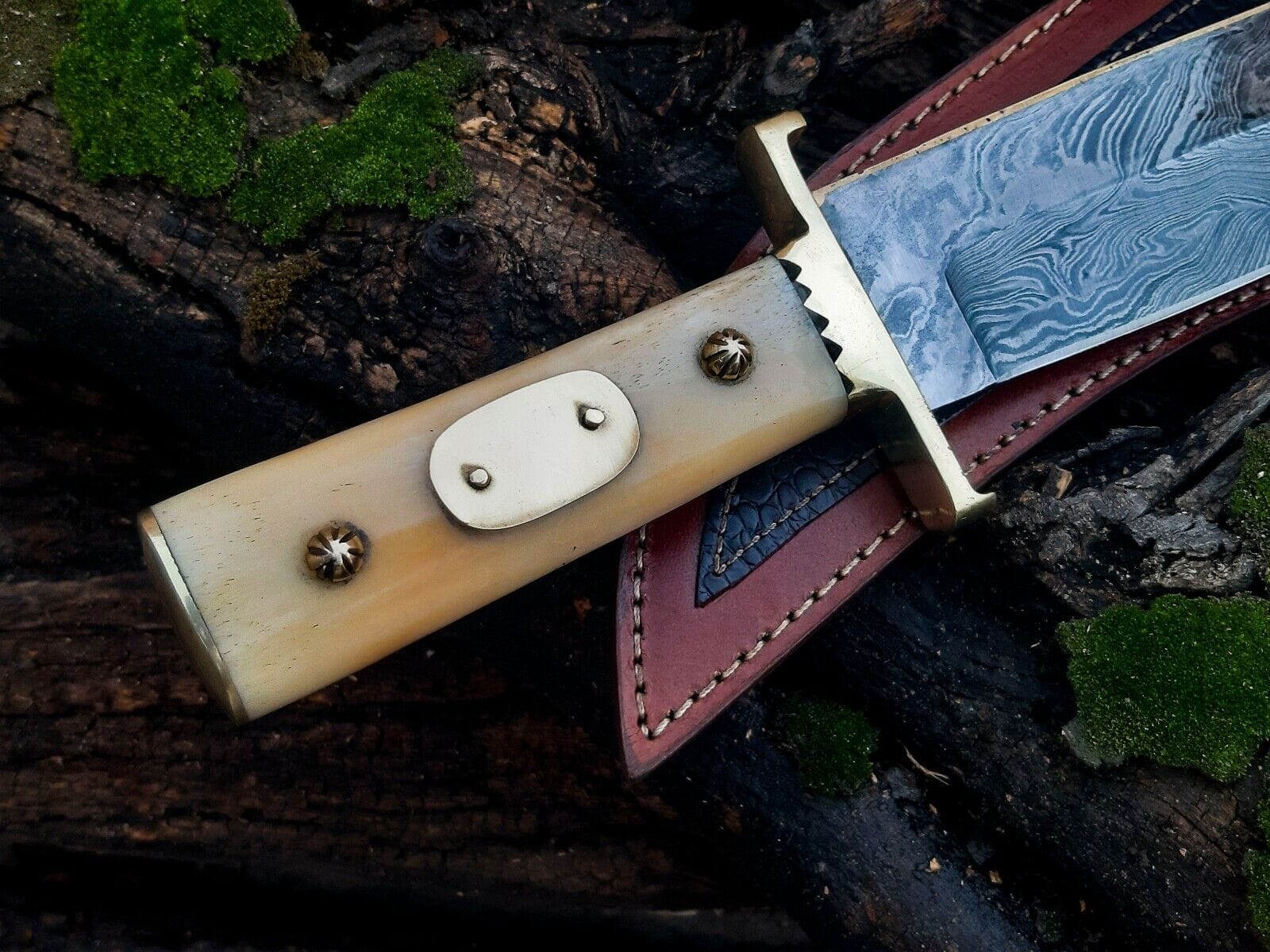 Texan Knives Bowie Knives Damascus Steel Cowboy Bowie Knife – 13" with Brass Guard and Camel Bone Handle, Leather Sheath Included