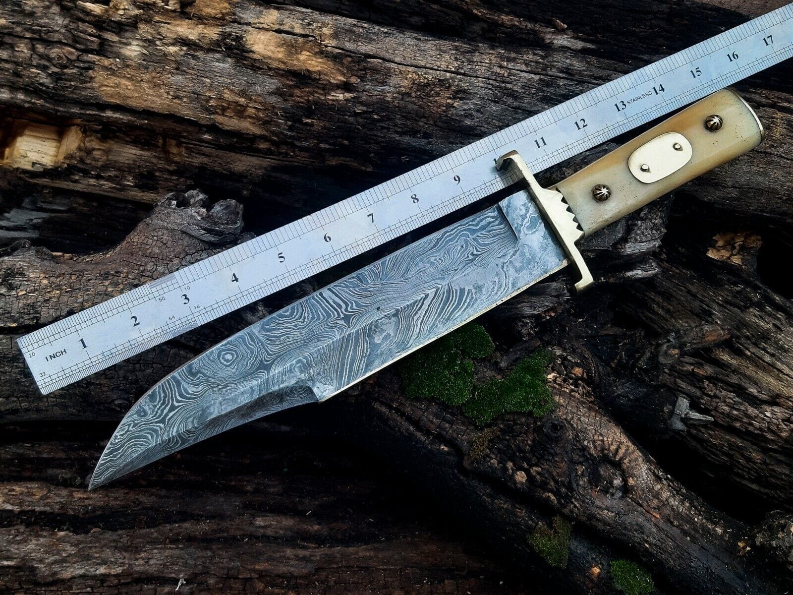 Texan Knives Bowie Knives Damascus Steel Cowboy Bowie Knife – 13" with Brass Guard and Camel Bone Handle, Leather Sheath Included