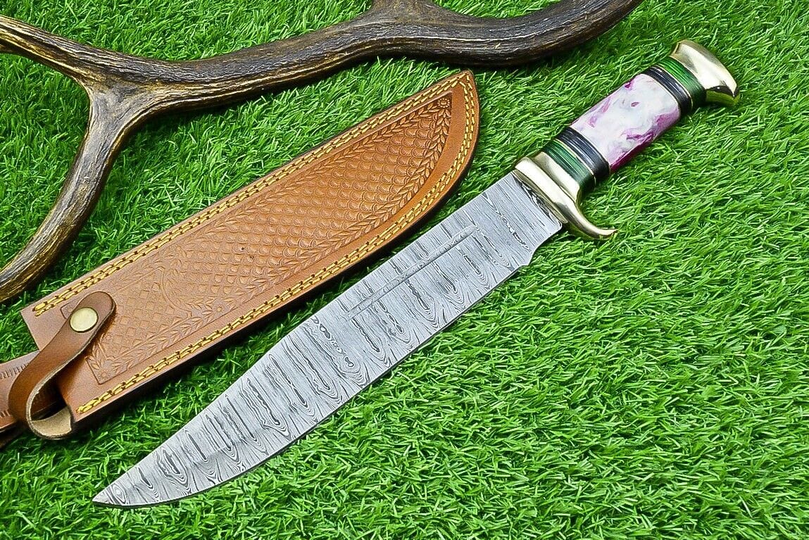 Texan Knives Bowie Knives Damascus Steel "The Bowie Knife" - 16" Blade, Brass Guard, Resin Pakkawood Handle, with Leather Sheath