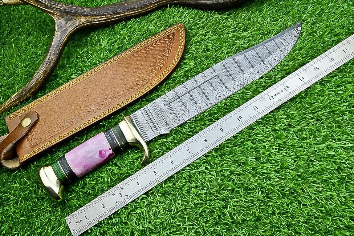 Texan Knives Bowie Knives Damascus Steel "The Bowie" Knife - 16" with Brass Guard and Resin Pakkawood Handle, Leather Sheath Included
