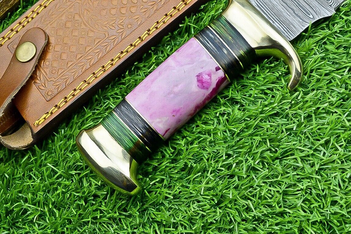 Texan Knives Bowie Knives Damascus Steel "The Bowie" Knife - 16" with Brass Guard and Resin Pakkawood Handle, Leather Sheath Included